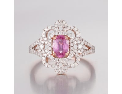 14CT ROSE GOLD PINK CEYLON SAPPHIRE AND DIAMOND HA...