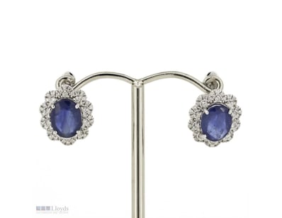 14K WHITE GOLD, BLUE SAPPHIRE AND DIAMOND HALO EAR...