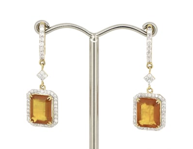 14K YELLOW GOLD, ORANGE SAPPHIRE AND DIAMOND, HALO...