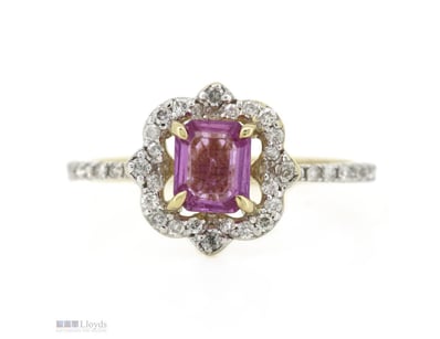 14K YELLOW GOLD, PINK SAPPHIRE AND DIAMOND, HALO D...