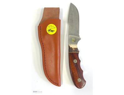 DAMASCUS STEEL FIXED BLADE HUNTING KNIFE WITH LEAT...