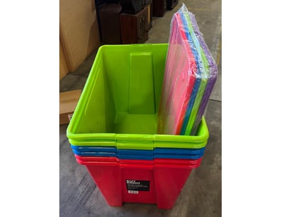 6 x plastic coloured tubs with lids

Note: some ...