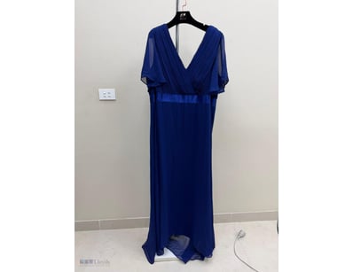 COBALT BLUE PLEATED EVENING GOWN WITH FLUTTER SLEE...