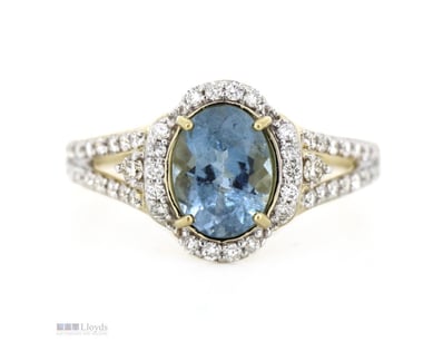 14K YELLOW GOLD, AQUAMARINE AND DIAMOND, HALO SPLI...