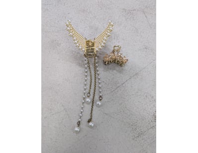 Hair clips, gold coloured, white beads, white ston...