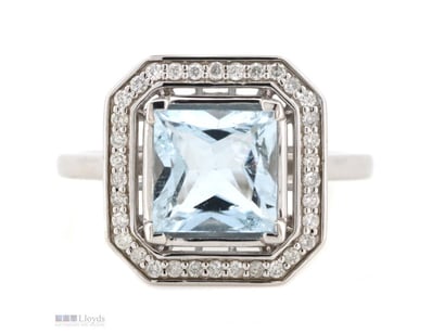 14K WHITE GOLD, AQUAMARINE AND DIAMOND, HALO RING....