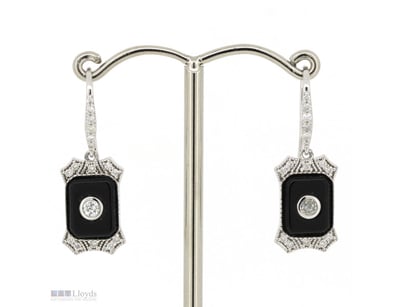 14K WHITE GOLD, ONYX AND DIAMOND, DROP EARRINGS.  ...