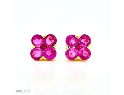 9CT YELLOW GOLD CEYLON RUBY FLORAL STUD EARRINGS  ...