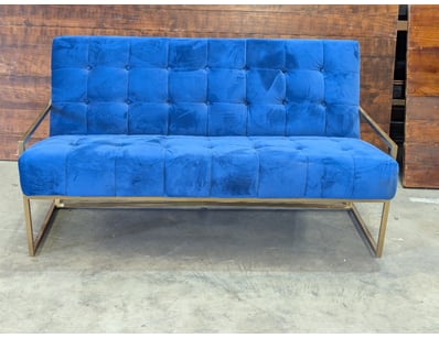 2 seater sofa, gold coloured metal frame, blue fin...