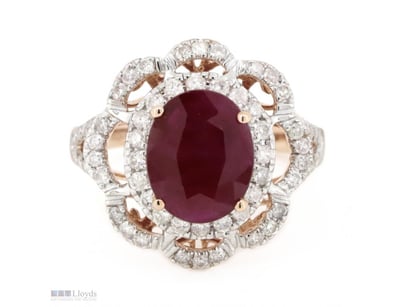14K ROSE GOLD, RUBY AND DIAMOND, FLORAL RING.     ...