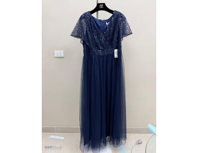 NAVY SEQUIN AND TULLE EVENING GOWN WITH FLUTTER SL...