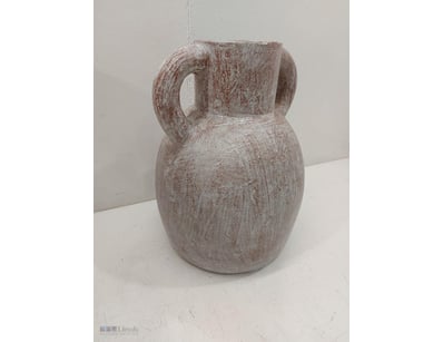 Rustic terracotta amphora-style vessel featuring a...