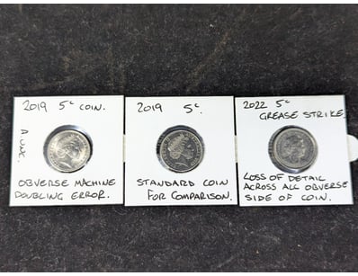 TWO AUSTRALIA ERROR COINS AND 2019 FIVE CENT COIN...