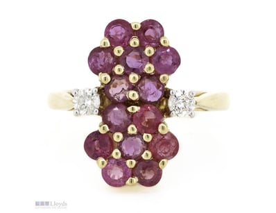 14K YELLOW GOLD, PINK SAPPHIRE AND DIAMOND, FLORAL...