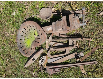 Assorted vintage tools, including clamps, wrench, ...