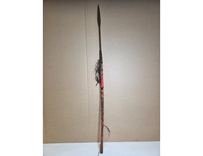 ANTIQUE WOODEN SPEAR WITH LEATHER-WRAPPED HANDLE A...