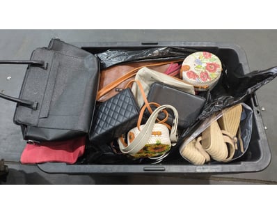 Tub Of Assorted Handbags And Women's Shoes

