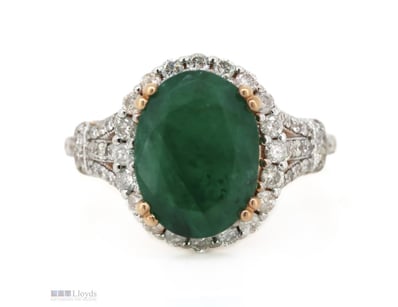 14K ROSE GOLD, EMERALD AND DIAMOND, HALO RING.    ...