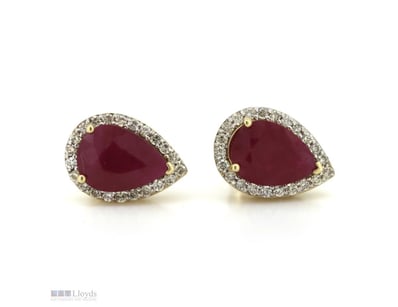 14K YELLOW GOLD, RUBY AND DIAMOND, HALO STUD EARRI...
