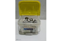 Plastic storage container with yellow hinged lid