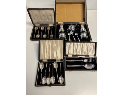 VINTAGE ENGLISH SILVER PLATED TEA AND FLATWARE SER...