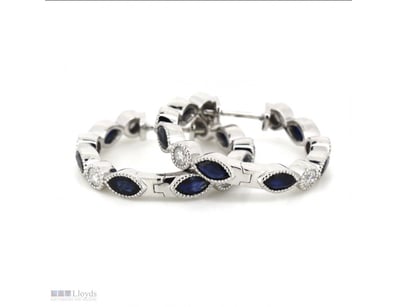 14K WHITE GOLD, BLUE SAPPHIRE AND DIAMOND, HOOP EA...