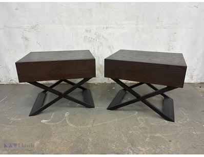 Side tables, dark timber finish, single draw, Cros...