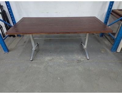 Dining table, metal frame, timber slat top

Note...
