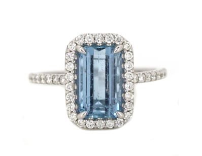 14K WHITE GOLD, AQUAMARINE AND DIAMOND, HALO RING....