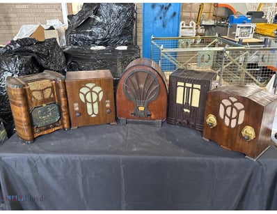 COLLECTION OF FIVE VINTAGE WOODEN CABINET RADIOS, ...