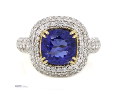 14K YELLOW GOLD, TANZANITE AND DIAMOND, CLUSTER RI...
