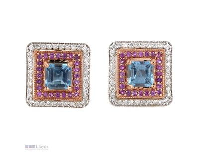 14K WHITE GOLD, AQUAMARINE AND PINK SAPPHIRE, HALO...