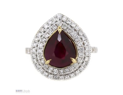 14K YELLOW GOLD, RUBY AND DIAMOND, DOUBLE HALO RIN...