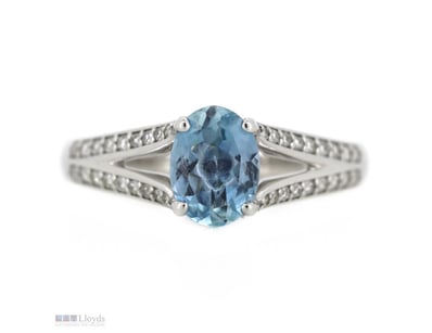 14K WHITE GOLD, AQUAMARINE AND DIAMOND, SPLIT BAND...