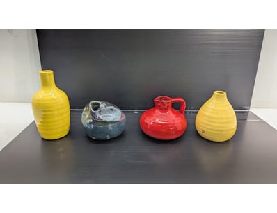 COLLECTION OF FOUR CERAMIC VESSELS - YELLOW, RED, ...