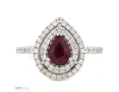 14K WHITE GOLD, RUBY AND DIAMOND, DOUBLE HALO RING...