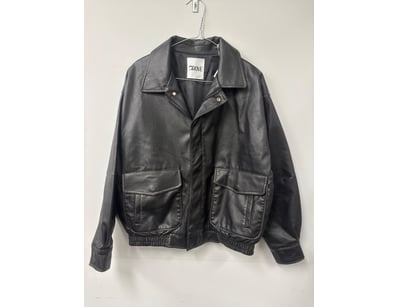 GROVE black leather jacket featuring a classic bom...
