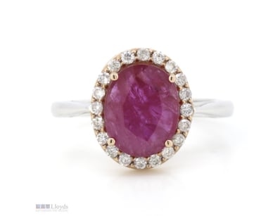 14K ROSE/WHITE GOLD, RUBY AND DIAMOND, HALO RING. ...