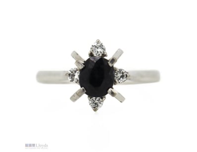 14K WHITE GOLD, BLUE SAPPHIRE AND DIAMOND, ANTIQUE...