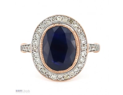 14K ROSE GOLD, BLUE SAPPHIRE AND DIAMOND, HALO RIN...