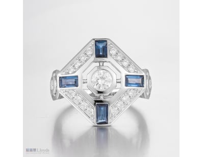 14CT WHITE GOLD CEYLON SAPPHIRE AND DIAMOND ART DE...