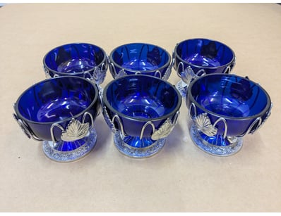 SET OF SIX SILVER-MOUNTED COBALT BLUE GLASS BOWLS ...
