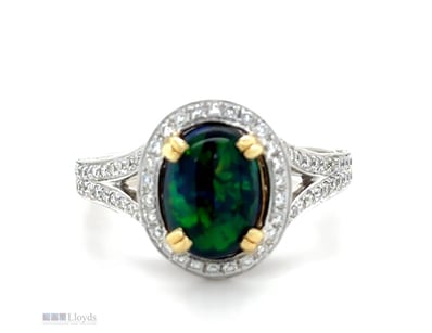 18CT WHITE AND YELLOW GOLD BLACK OPAL AND DIAMOND ...