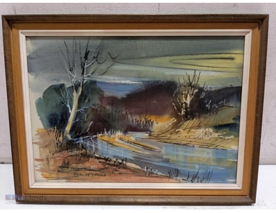 RIVER LANDSCAPE WITH BARE TREES - WATERCOLOUR BY J...
