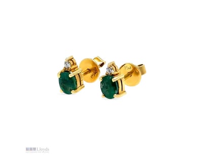 18CT YELLOW GOLD EMERALD & DIAMOND STUD EARRINGS 1...