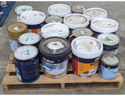 Pallet LOT of paint, brands include Dulux, Taubman...