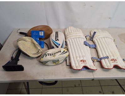 Sports Lot Includes Cricket Pads, Footballs, Gym B...