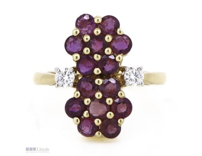 14K YELLOW GOLD, PINK SAPPHIRE AND DIAMOND, FLORAL...