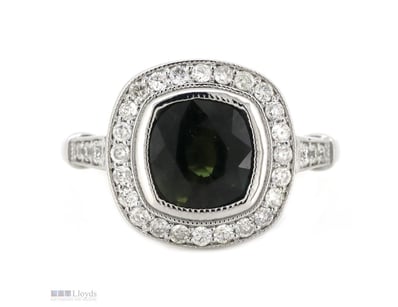 14K WHITE GOLD, GREEN SAPPHIRE AND DIAMOND, HALO R...