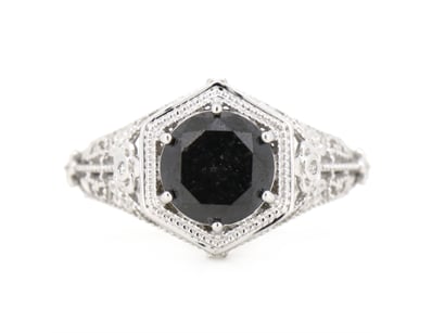 14K WHITE GOLD, BLACK DIAMOND, ART DECO INSPIRED R...